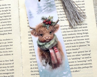 Christmas Highland Cow Double-sided Laminated Bookmark, Unique Bookmarks, Book Lover gift