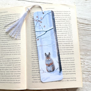 Winter Squirrel Bookmark with or without Tassel, Double-sided, Laminated, Book Lover gift