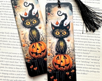 Schwarze Katze und Kürbis Halloween Lesezeichen, doppelseitiges laminiertes Lesezeichen, gruseliges Lesezeichen, einzigartige Lesezeichen, Buch Liebhaber Geschenk
