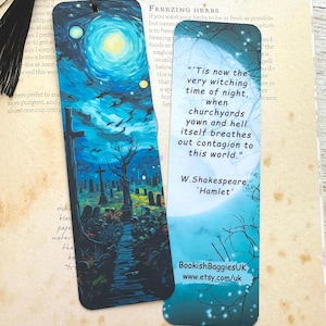 Graveyard Bookmark in Van Gogh Starry Night Style, Double-sided, Laminated, Halloween Gothic Bookmark