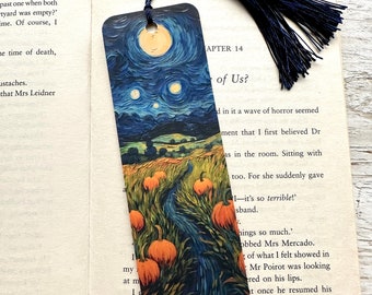 Marque-page Halloween nuit étoilée, patch citrouille style Van Gogh, marque-page plastifié recto-verso, marque-pages uniques, cadeau pour amoureux des livres