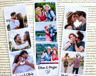 May include: Three rectangular white bookmarks featuring vertical photo collages of couples. Each bookmark displays three distinct images of pairs in outdoor settings, with names printed at the bottom above a small heart icon and a light blue tassel.