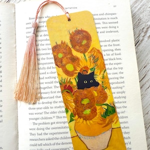 Van Gogh Sonnenblumen mit schwarzer Katze Lesezeichen, doppelseitig, laminiert, Geschenk für Katzenliebhaber, Geschenk für Bücherwürmer