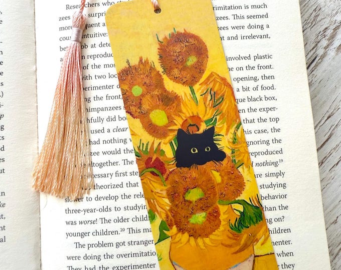Van Gogh Sunflowers with Black Cat Bookmark, Double-sided, Laminated, Cat lover gift, Bookish gift
