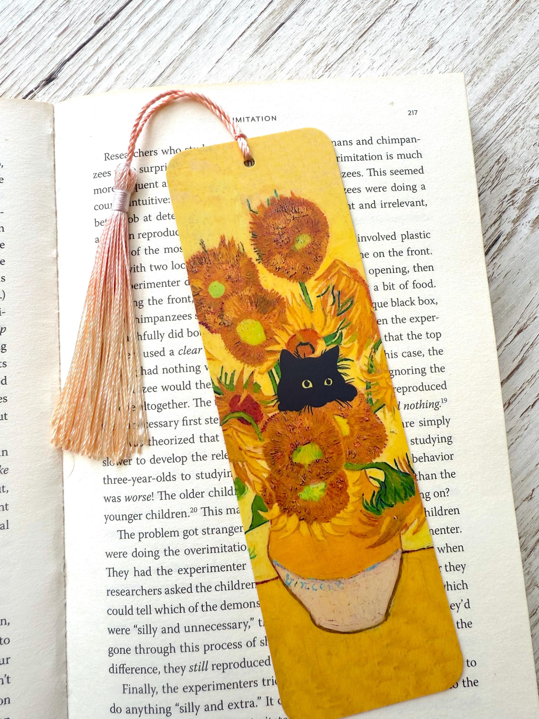 Van Gogh Sonnenblumen mit schwarzer Katze Lesezeichen, doppelseitig, laminiert, Geschenk für Katzenliebhaber, Geschenk für Bücherwürmer