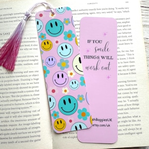 Smiley Face on Pink Bookmark, Double-sided, Laminated, Book Lover gift, Retro Groovy Style