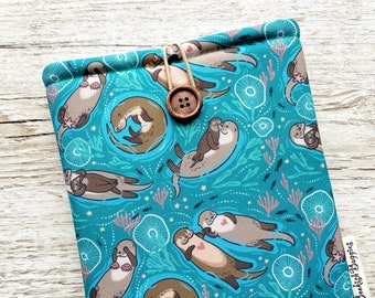 Otters in Love on Teal Kindle Sleeve, Book Pouch, iPad Cover, Otter gifts, Kindle Paperwhite case, Paperback Book Bag