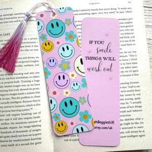 Smiley Face on Pink Bookmark, Double-sided, Laminated, Book Lover gift, Retro Groovy Style