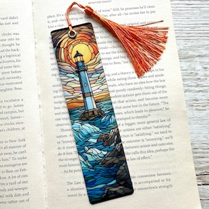 Lighthouse Metal Bookmark, Stained Glass style, Bookmark with Tassel, Book Lover Gift