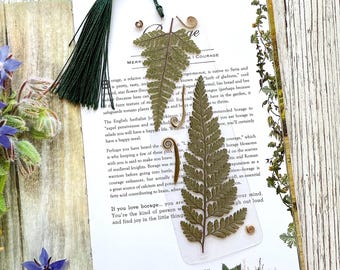 Fern Bookmark with real dried leaves. Laminated, with or without tassel. Book Lover gift
