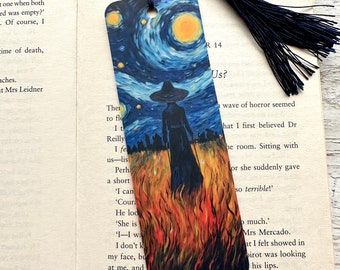 Marque-page Halloween nuit étoilée, sorcière de style Van Gogh, marque-page plastifié recto-verso, marque-pages uniques, cadeau pour amoureux des livres