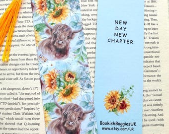 Highland Cow and Sunflower Bookmark, Double-sided, Laminated, Book Lover gift