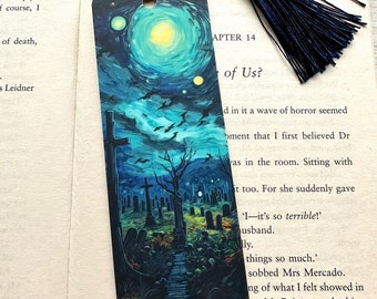 Starry Night Halloween Bookmark, Van Gogh Style Graveyard, Double-sided Laminated Bookmark, Unique Bookmarks, Book Lover Gift