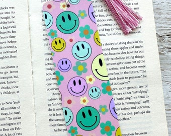 Smiley Face and Flowers on Pink Double-sided Laminated Bookmark, Unique Bookmarks, Book Lover gift, Groovy One