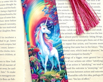 Marque-page plastifié recto-verso licorne et arc-en-ciel, signets uniques, cadeau d'anniversaire pour amoureux des livres