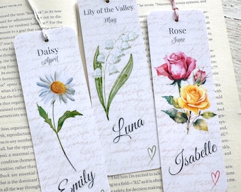 Personalisierte Geburtsblume Lesezeichen, doppelseitig, laminiert, personalisiertes Lesezeichen mit Quaste, Geburtstagsgeschenk für Buchliebhaber