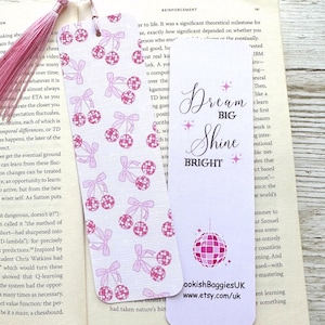 Pink Disco Ball Cherries with Bow Bookmark, Double-sided, Laminated, Girly Bookmark, Book Lover gift