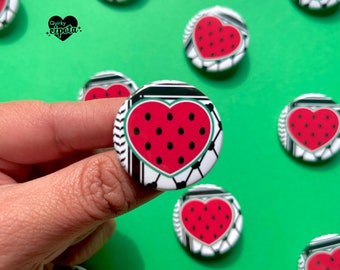 Sandía Watermelon Heart Keffiyeh 1.25 in Button Pin | Free Palestine Pin | Viva Palestina | Free Gaza