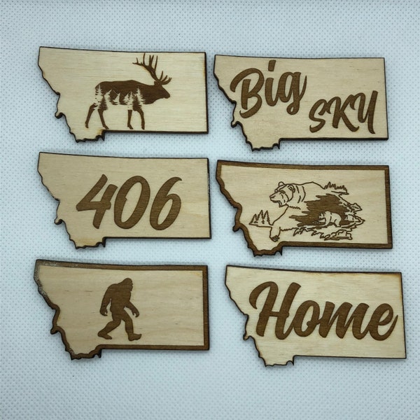 Montana Wood Magnets - 406, Home, Big Sky, Elk, Bear and Sasquatch