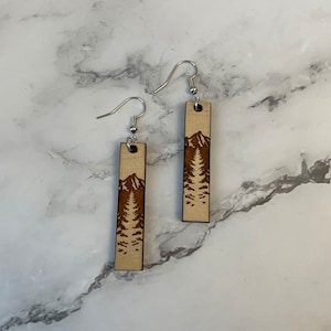 Tree mountain scene rectangular wood engraved earrings - summer earrings - hiker - outdoors enthusiast - hiking - mountains