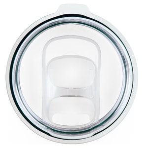 May include: A clear plastic lid with a silver rim and a green rubber seal. The lid has a small hole in the center for drinking.