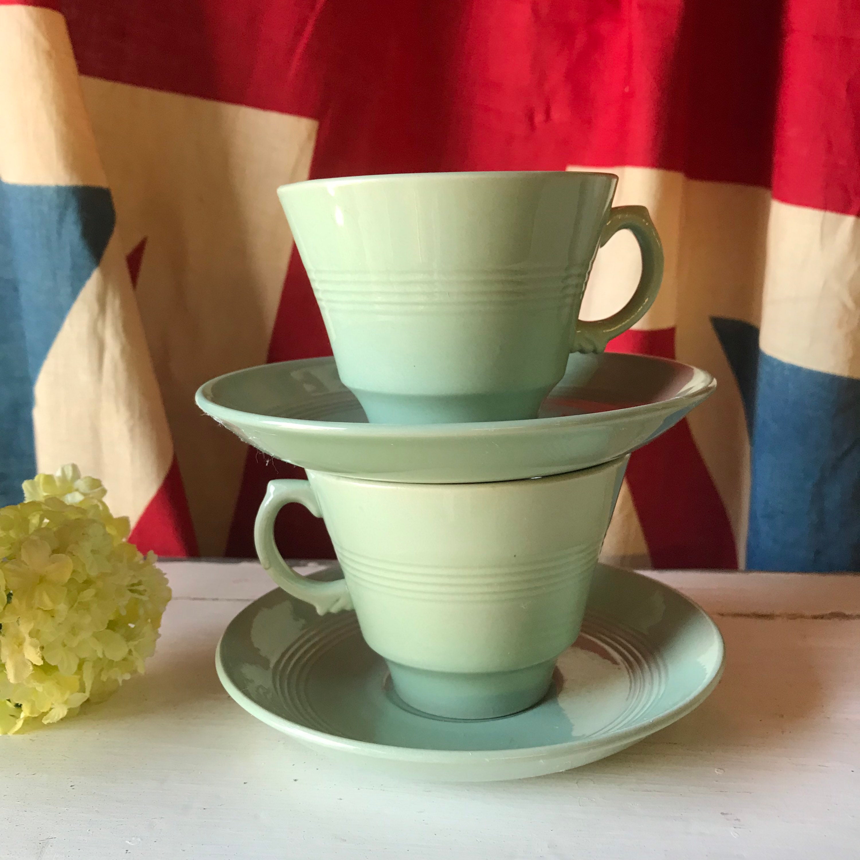 Pair of 1950's Green Beryl, Woods Ware Cups and Saucers, English