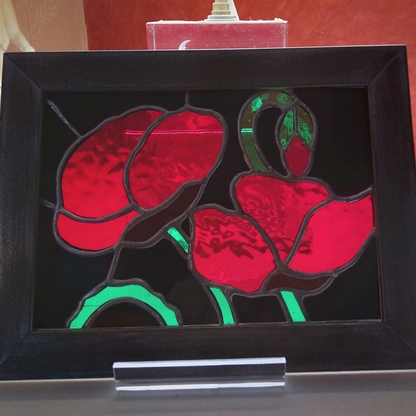 Coquelicots en vitrail Tiffany, cadre mural ou à poser, art du verre, objet artisanal, fait main, cadeau fête des mères, fête des pères