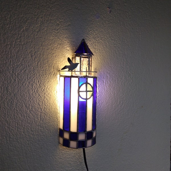 Applique de phare en vitrail bleu et blanc, décoration murale, déco pour maison en bord de mer