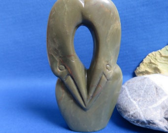 Shona Stone Carving: Green Serpentine Loving Storks Sculpture, Zimbabwe