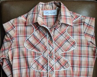 1970s Brown Plaid Snap Button Shirt, Western Rockabilly