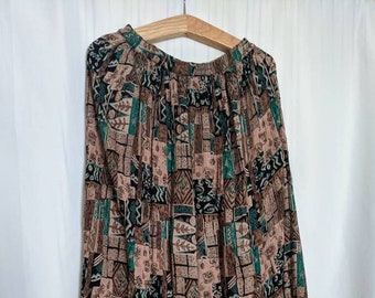 1980s Brown and Turquoise Abstract Design Long Flowing Skirt