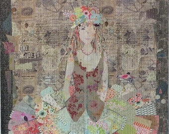 May include: A mixed media artwork featuring a figure in a dress, adorned with a floral crown. The dress is composed of various fabric patches in floral and geometric patterns. The background is a collage of vintage papers, with the text "THE DRESS" visible.