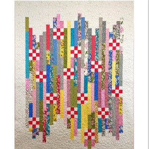 May include: A colorful quilt pattern with a variety of floral fabrics and red and white checkered squares. The quilt is titled "Nines In The Middle" and is made by Cactus Queen Designs.