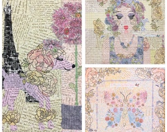 May include: A collage of three images featuring a floral design. The first image shows a pink poodle with a floral collar walking in front of the Eiffel Tower. The second image shows a woman with a floral crown and a necklace. The third image shows a butterfly with floral wings.