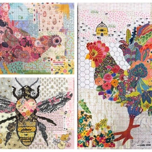 Teeny Tiny Collage Patterns Group #6 - Rooster, Hen, and Bee by Laura Heine