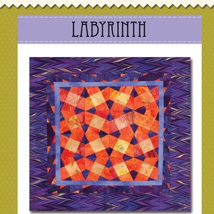 May include: A quilting pattern called "Labyrinth" for 2 1/2 inch and 1 1/2 inch strips. The pattern features a colorful quilt with a geometric design in shades of orange, red, and purple. The pattern is from Cactus Queen Quilt Co. and is part of the X-Blocks Basix collection.