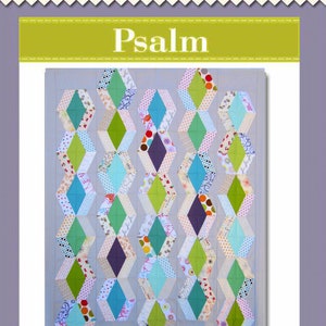 May include: A quilt pattern called "Psalm" from the Basix X-Blocks collection. The pattern uses 2 1/2 inch strips and features a geometric design with green, blue, purple, and white fabric.