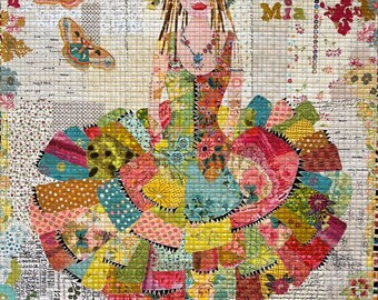 May include: A colorful patchwork quilt featuring a whimsical figure with a floral crown and a flowing skirt. The figure is surrounded by butterflies and floral patterns. The quilt is made with a variety of fabrics and textures, creating a unique and eye-catching design.