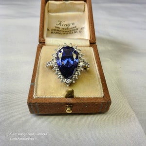 Stunning Vintage Sterling Silver, Clear Natural Cubic Zirconia and Large Blue faceted Sparkling Cubic Zirconia Statement Ring.