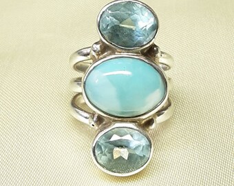 Fantastic Vintage Sterling Silver, Double Topaz and Agate Ring.