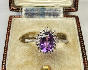 Super Sparkly Vintage, Women's Sterling Silver, Natural Diamond and Natural Amethyst Halo Ring.