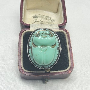 Spectacular Art Deco Egyptian Revival, Woman's Sterling Silver and Large Turquoise Glass Scarab Beetle Statement Ring.
