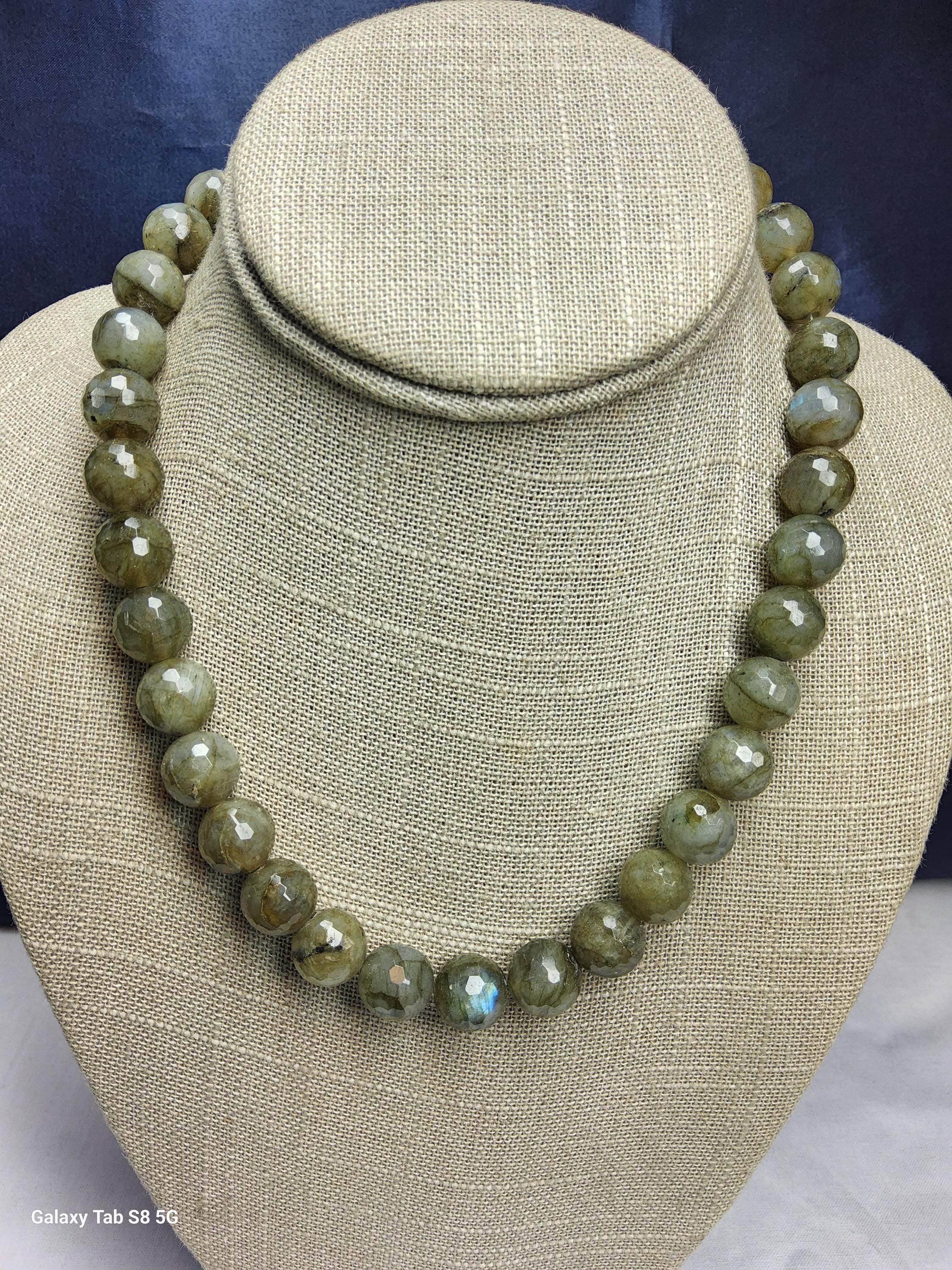Collier Long Vintage En Perles De Labradorite Naturelle - Pierre Gemme Aux Reflets Bleutés - Occasion
