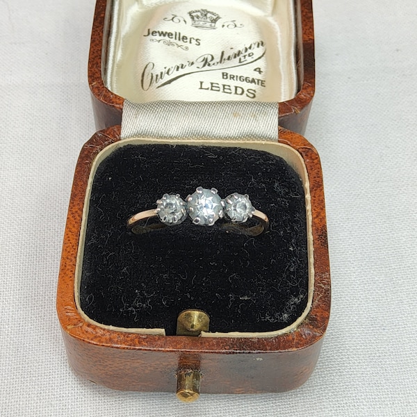 Lovely Art Deco, Antique, Woman's Gold and Sterling Silver Cubic Zirconia Trilogy Ring.