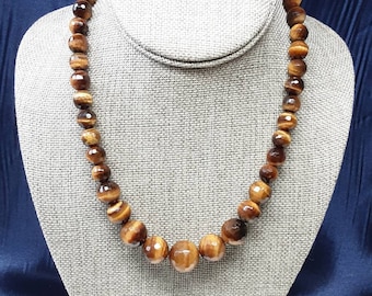 Stunning Vintage Sterling Silver and Natural Tigers Eye Beaded Necklace.