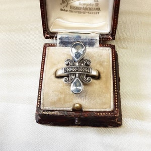 Mooie Vintage Sterling Zilver, Markasiet en Natuurlijke Aquamarijn Multi Stone Ring.