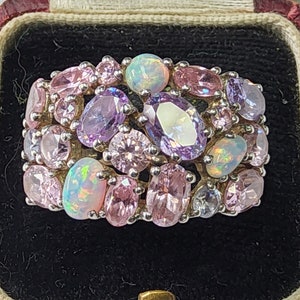 Stunning Sparkling Vintage, Woman's Sterling Silver, Natural Tourmaline and Natural Opal Cluster Ring.