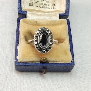 Fabulous Art Deco, Antique, Woman&#39;s Sterling Silver, Marcasite and Faceted Sparkling Black Spinel Cocktail Ring.