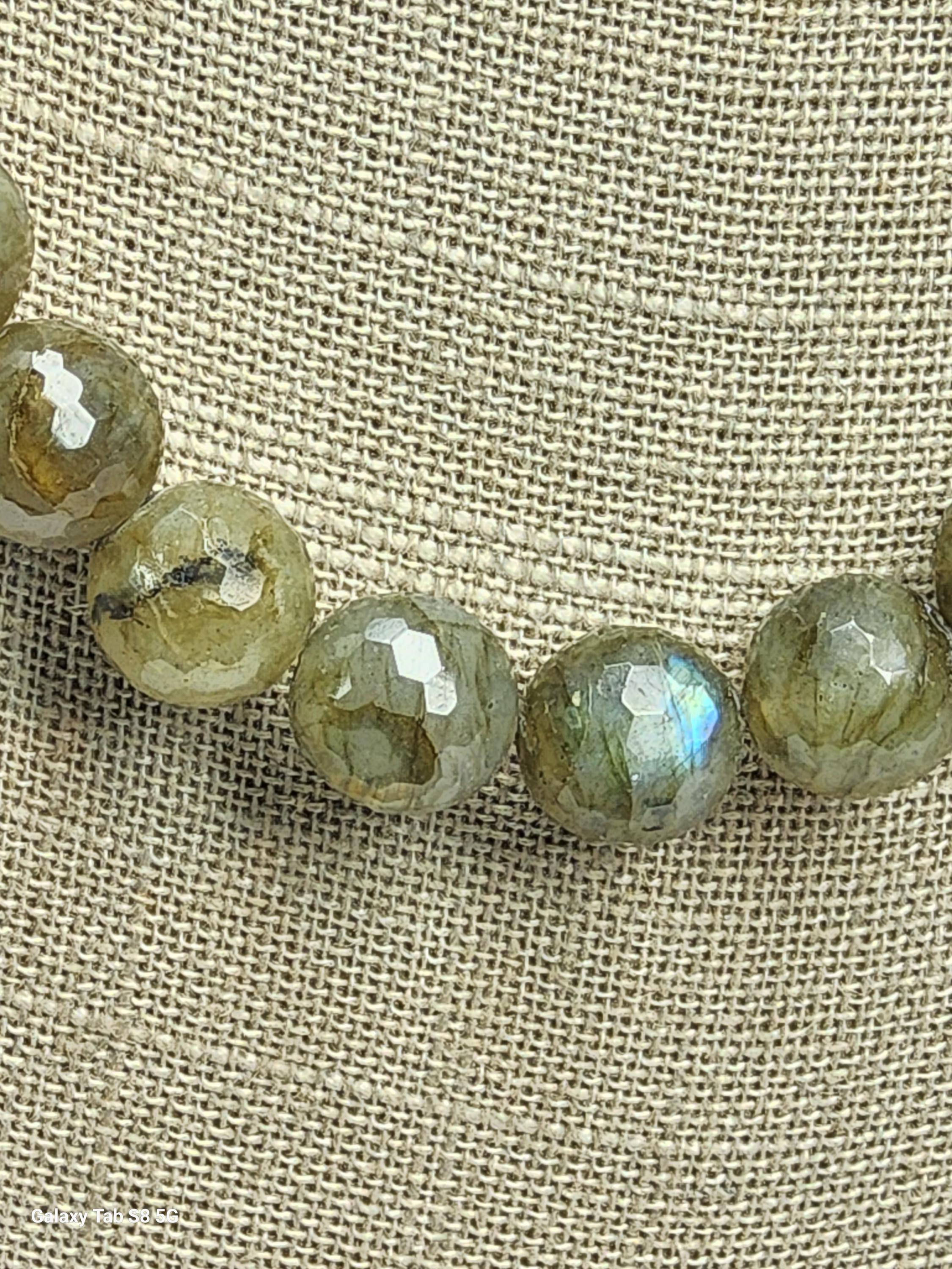 Collier Long Vintage En Perles De Labradorite Naturelle - Pierre Fine Aux Reflets Bleus & Verts