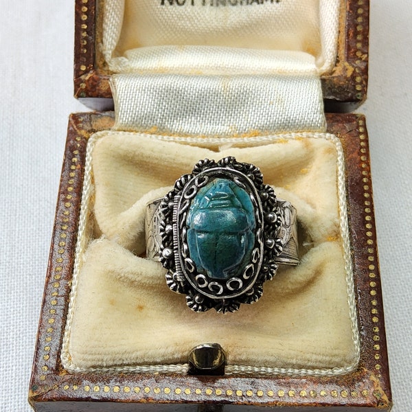 Superb Art Deco,Antique, Woman's Highly Decorative Sterling Silver and Carved scarab Beetle Ring.Art Deco Egyptian Revival.